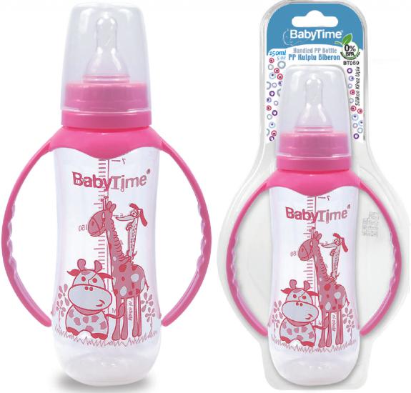 Baby Time Silikon Kiraz Uçlu Kulplu PP Biberon 250 ml - Pembe